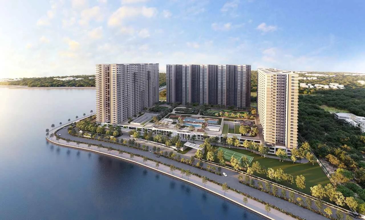 Aerial view of Marina One towers along the backwaters