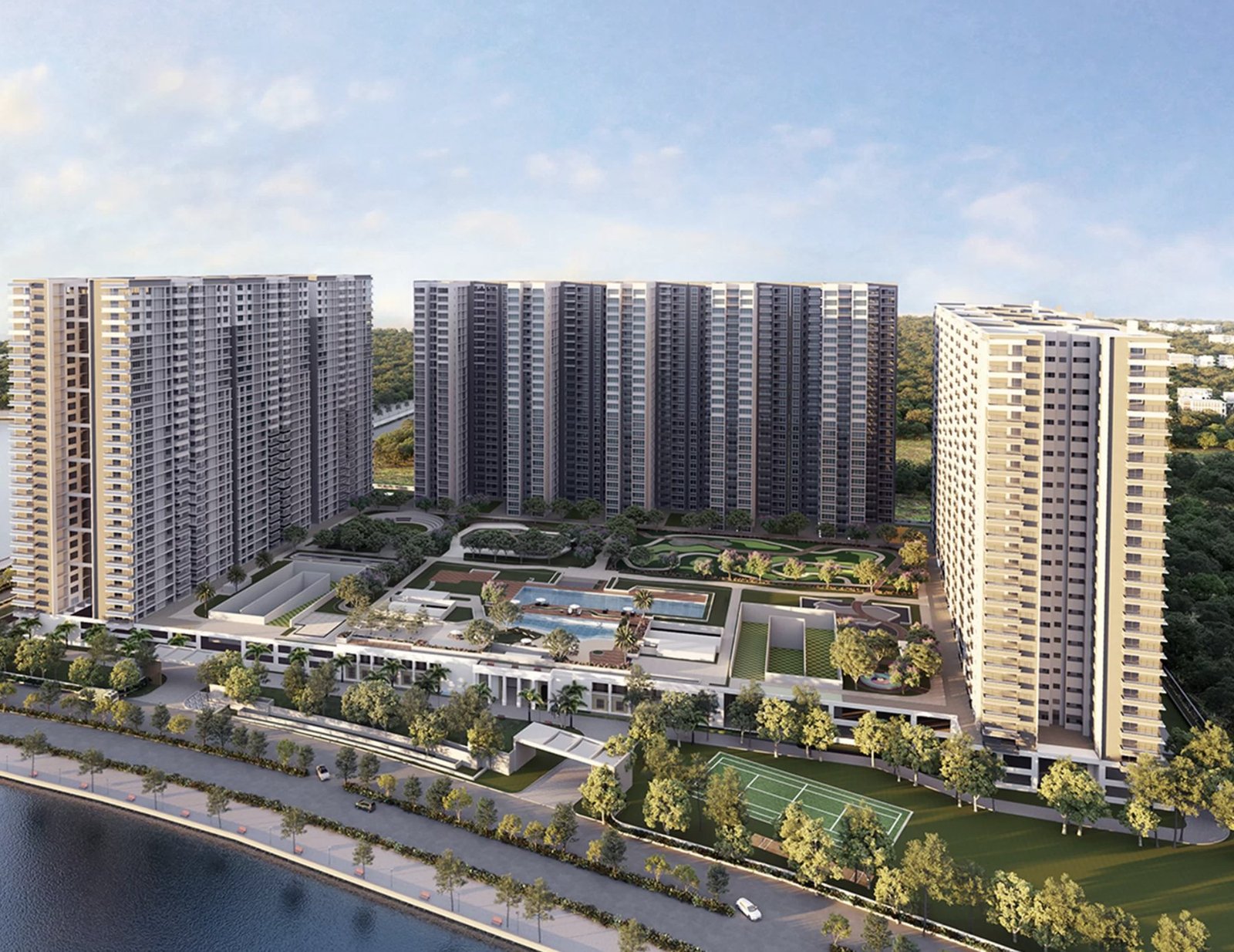 Marina One by day: towers, pools and tennis court along the waterfront